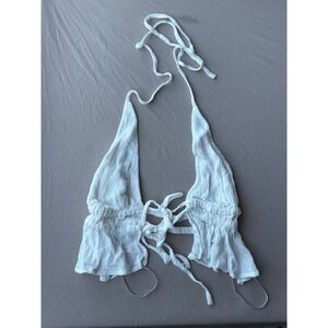 White Gauze Tie Front Halter Peplum Top XS Boho Festival Open Back